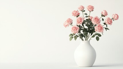 A simple white ceramic vase filled with fresh pink roses, set against a plain white background.