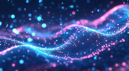 Abstract digital waves with glowing blue and pink particles. Futuristic technology concept for banner design with copy space