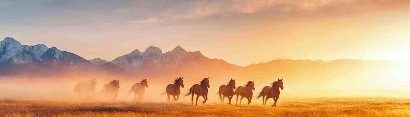 Fototapeta premium A stunning silhouette of horses running across a misty field at sunrise, framed by majestic mountains in the background.