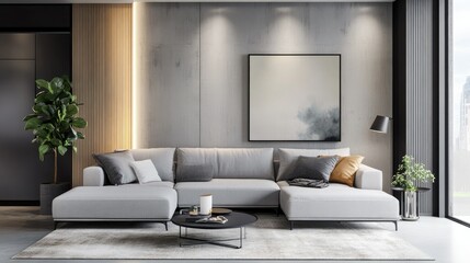 A sleek L-shaped sofa in a modern living room, complemented by tasteful wall art.