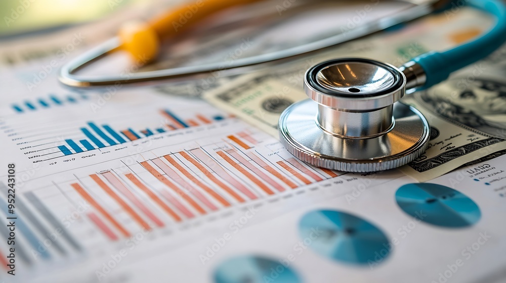 Poster stethoscope and us dollar banknotes on chart or graph paper financial account statistics and busines