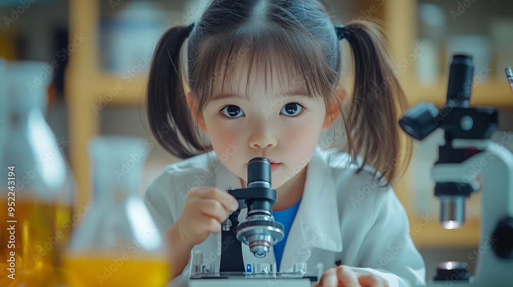 Fototapete portrait asian little female kid in scientist uniform trying to use a microscope doing a chemistry lab experiment in science classconcept education science class workshop : Generative AI
