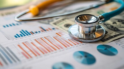 Stethoscope and US dollar banknotes on chart or graph paper Financial account statistics and business data  medical health concept : Generative AI