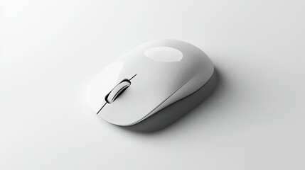 A sleek white computer mouse, perfectly centered on a white background, with subtle reflections and shadows