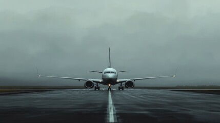Fototapeta na wymiar A plane sits on an empty runway, prepared for takeoff, evoking a sense of calm and readiness for departure.