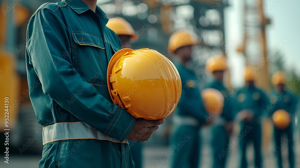 Poster team engineer holding helmet standing in row on site work banner cover design : generative ai