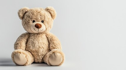Obraz premium A soft plush teddy bear sitting against a white background, exuding warmth and comfort.