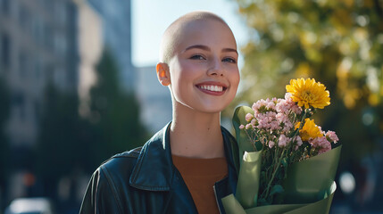 A young woman, bald from chemotherapy, smiling as she receives a bouquet of flowers from a friend, symbolizing support and love during her fight against cancer.
