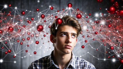 Thoughtful young man looking upwards with abstract neural connections and glowing elements around, introspective and conceptual atmosphere