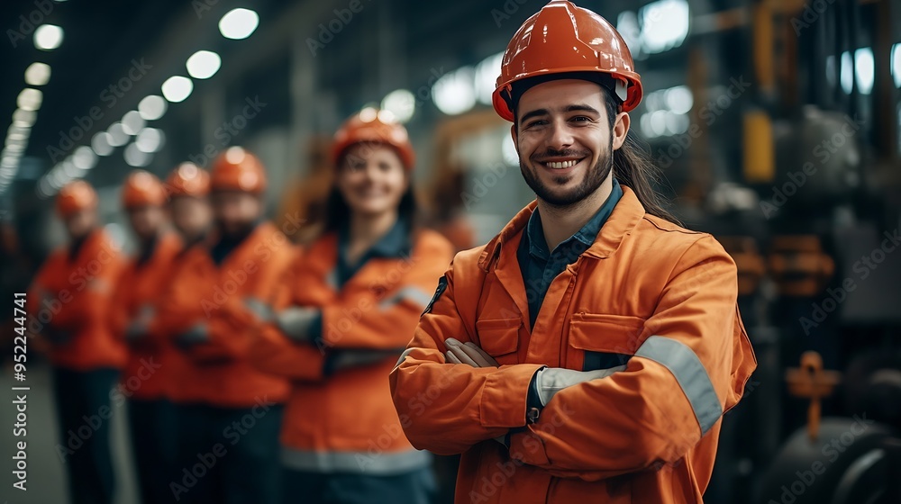 Poster people group of engineer technician and service team worker in safety suit standing together happy s
