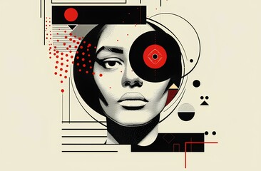Abstract modern design with geometric shapes and an eye mask on the face, representing self-portrait or mental health in black, white and red color, in style of geometric abstraction 