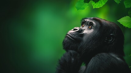 A thoughtful gorilla gazes into the distance surrounded by lush greenery, reflecting a moment of contemplation in nature.