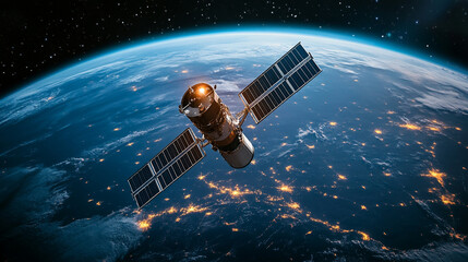 宇宙から見た地球と人工衛星