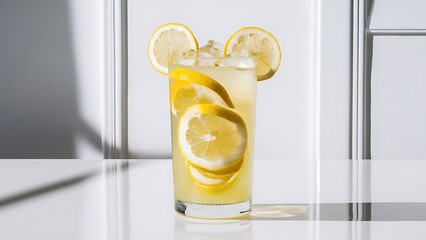 Lemonade with lemon slices and ice on white background 2