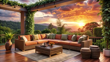 Fototapeta premium Lush greenery surrounds a modern retreat, pavers aglow in golden light, inviting lounging on a rich terracotta sectional sofa with plush cushions.