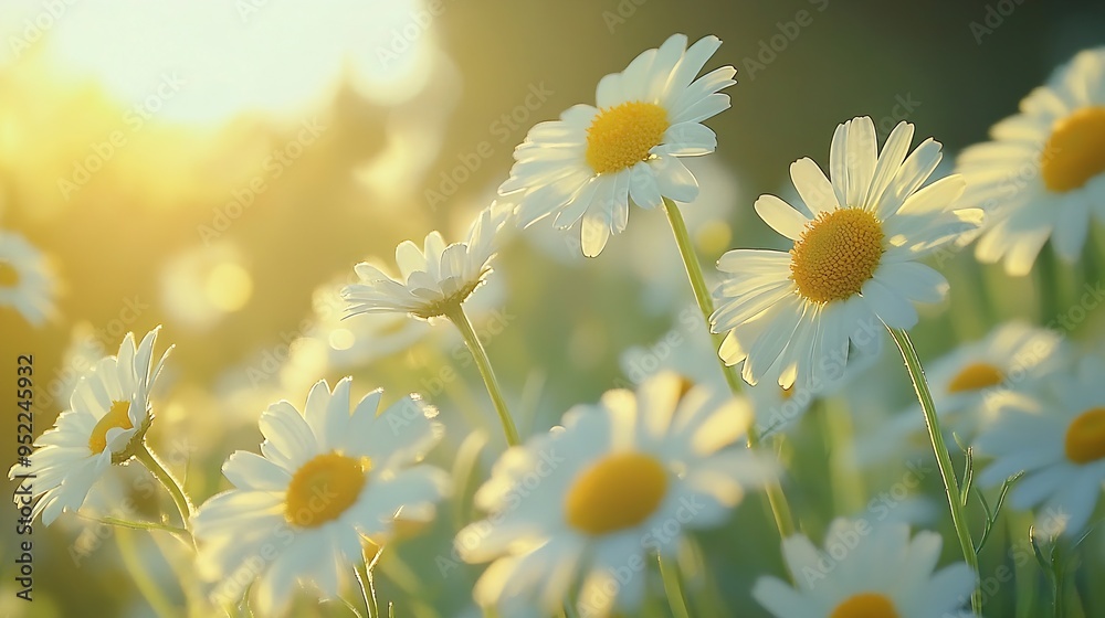 Poster Chamomile flowers swaying in the wind in summer day Gorgeous summer field with daisies Macro view : Generative AI