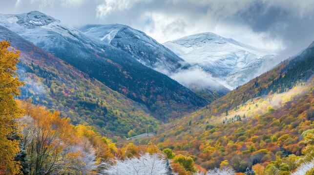 Majestic autumn snow-capped mountains in the White Mountains National Forest, New Hampshire, featuring vibrant fall foliage and serene landscapes, perfect for nature lovers and outdoor enthusiasts