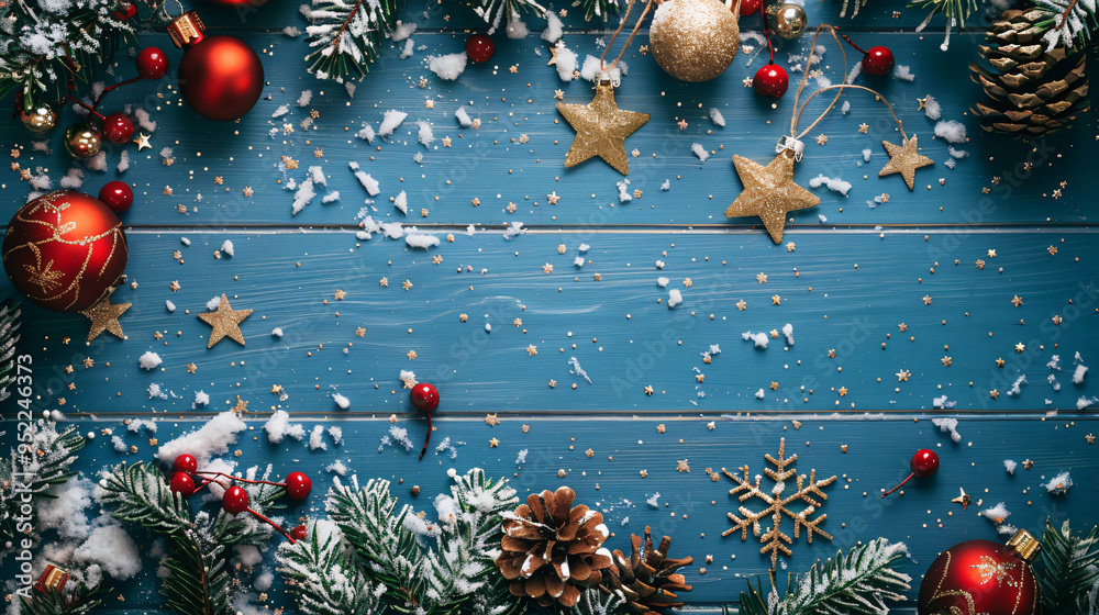 Poster festive christmas ornaments creating a border on a snowy blue wooden backdrop with space for text in