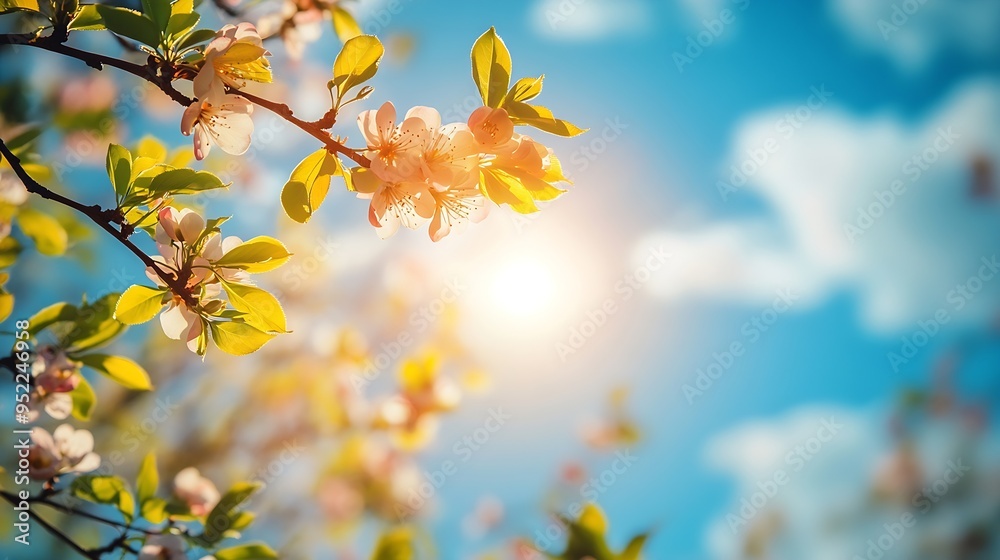 Fototapete beautiful blurred background image of spring nature with surrounded by trees against a blue sky with