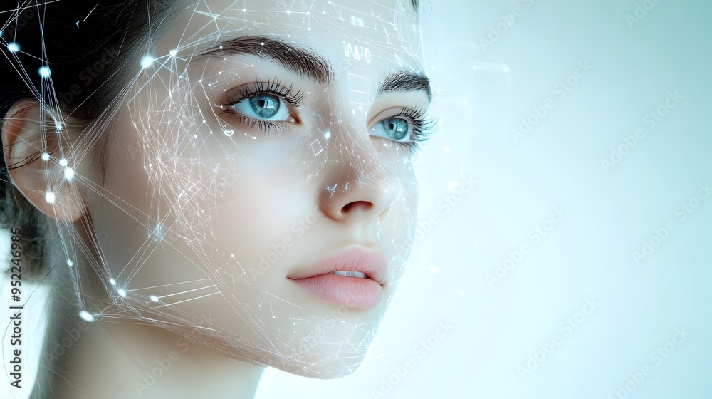Poster a digital skin analysis tool displaying futuristic graphics and data visualizations that provide ins