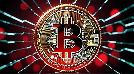 Fototapeta premium shattered glass bitcoin symbol red warning text overlay