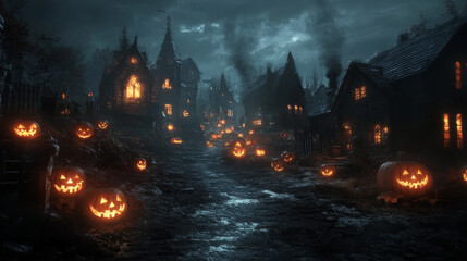 Obraz premium Spooky Halloween Village with Glowing Pumpkins and Dark Streets 