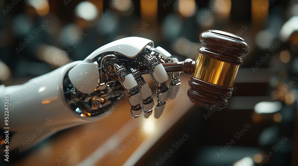 Aufkleber Future innovative concept of efficient and fair justice system with closeup robotic hand holding gavel as artificial intelligence in transparent judicial proceedings by an AI judge Equ : Generative AI