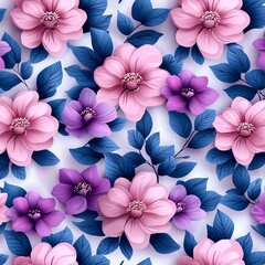 A vibrant floral pattern with pink and purple flowers surrounded by lush green leaves, perfect for romantic designs.