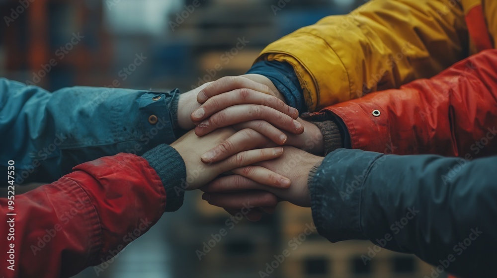Leinwandbilder close up view of warehouse workers putting their hands together stack of hands unity and teamwork : 