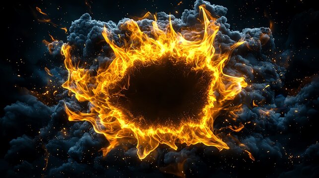Dynamic explosion effect featuring vibrant flames and dark smoky background, creating a dramatic visual impact.