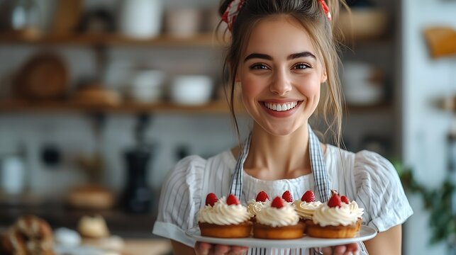 Happy woman showing off freshly baked cakes while video calling in a modern kitchen setting : Generative AI