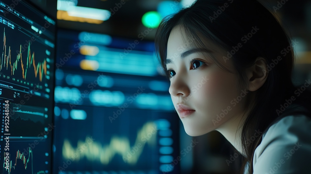 Poster Businesswomen analyze chart data business on a visual screen dashboard laptop technology devices and screens visible in the background financial planning market research and the stock  : Generative AI