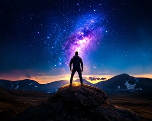 Fototapeta premium A silhouetted figure stands atop a rocky peak, gazing at the vibrant galaxy above, evoking wonder and exploration.