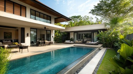 Fototapeta premium A stylish villa with a pool and garden, showcasing modern design and luxurious outdoor living space