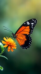Fototapeta premium A vibrant butterfly perched elegantly on a bright flower, showcasing nature's beauty and the delicate balance of life.