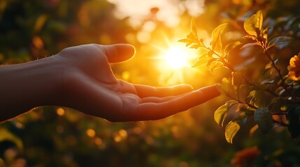 Persons hand in nature reaching out to touch the warm sun light Spiritual light healing energy concept : Generative AI