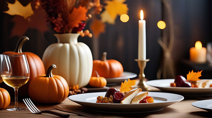 table set dinner seasonal dishes autumn decorations