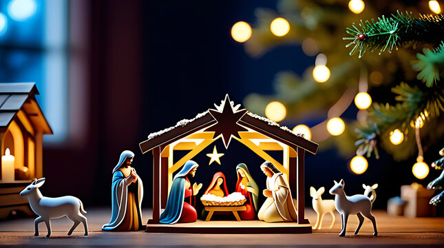 traditional nativity scene figurines set christmas tree