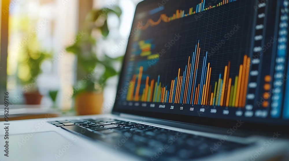 Poster vertical images charts and income graphs using a laptop computer business analysis and strategy conc