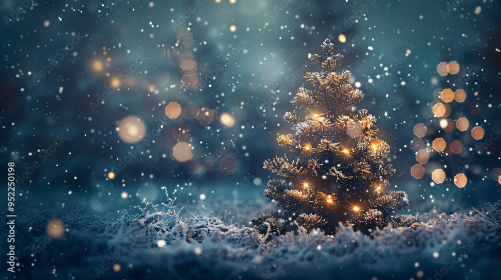 Aufkleber tiny lit-up christmas tree standing in a snowy scene with falling snow at nighttime