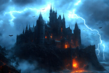 Fototapeta premium dramatic gothic castle on a rugged cliff, surrounded by a stormy sky with lightning striking. The castle's windows glow with an eerie orange light, while bats fly around the towers, creating a forebod