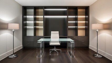 Modern Office Design with an Empty Ergonomic Chair: Sleek, Minimalist Workspace Featuring Contemporary Furniture for Productivity and Comfort