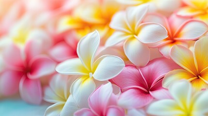 Fototapeta premium A vibrant close-up of a frangipani lei garland, with the delicate flowers in sharp focus, perfect for a tropical-themed background.