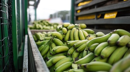 A truck filled with green bananas is closely examined at a storage facility, focusing on the inspection process for quality control.