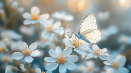 Spring floral nature background beautiful white flowers and butterflies Gentle artistic nature image wild flowers of Stellaria holostea spring summer blossoming season : Generative AI