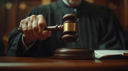 Justice Law Attorney and Court judge concept Man judge hand holding gavel to bang on sounding block in the court room Professional lawyer considering with contract papers in courtroom : Generative AI
