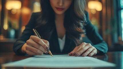 Fototapeta premium Asian female lawyer or legal advisor signing a contract The contract with the client on the desk in the law firm will guide the client as a legal counsel : Generative AI
