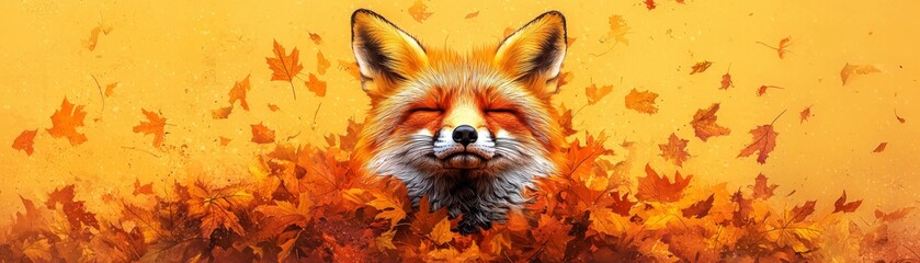 Fototapeta premium A vibrant fox surrounded by colorful autumn leaves, embodying the essence of fall and wildlife in a stunning visual display.