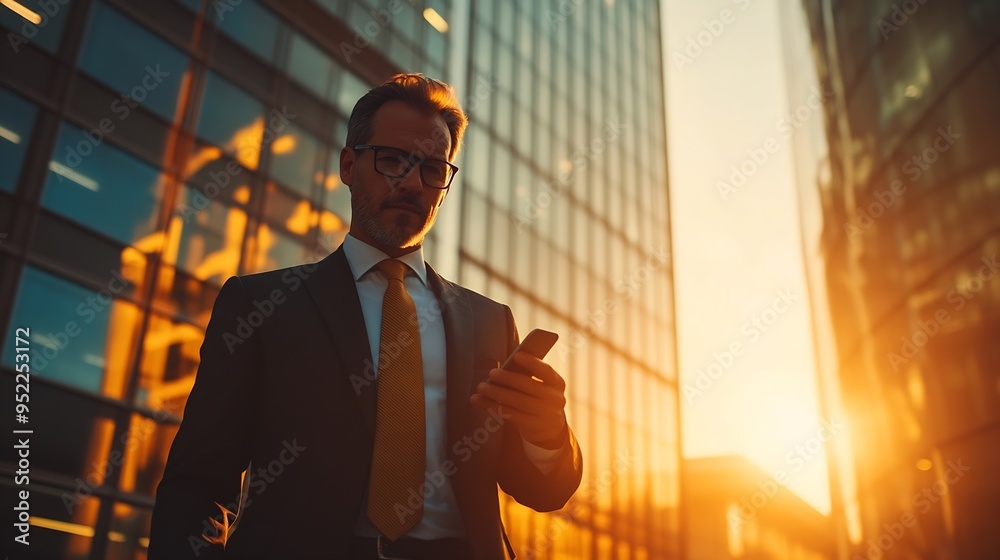 Aufkleber business man in front of modern office building warm light coloured business man walking of his offi