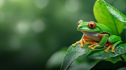 Naklejka premium A vibrant green frog perched on a lush leaf, showcasing its bright colors in a natural, blurred green background.